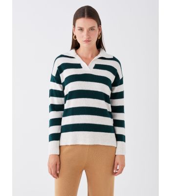 Polo Neck Color Blocked Long Sleeve Oversize Women's Knitwear Sweater