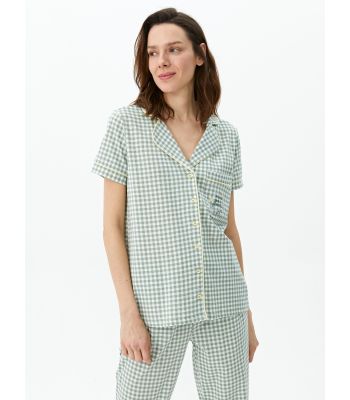 Shirt Collar Plaid Short Sleeve Women's Pajamas Set