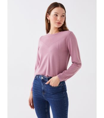 Crew Neck Self Patterned Long Sleeve Women's Tricot Sweater
