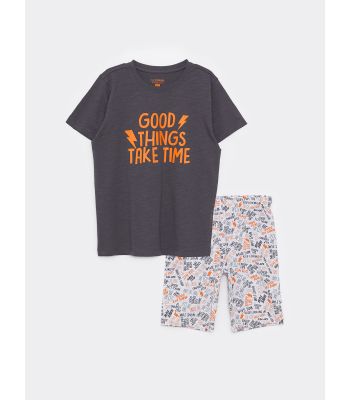Crew Neck Printed Short Sleeve Boy's Short Pajamas Set