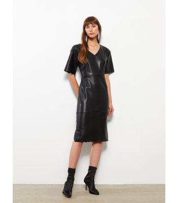 V-Neck Straight Short Sleeve Leather Look Women's Dress
