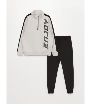 High Collar Printed Long Sleeve Boy Sweatshirt and Sweatpants