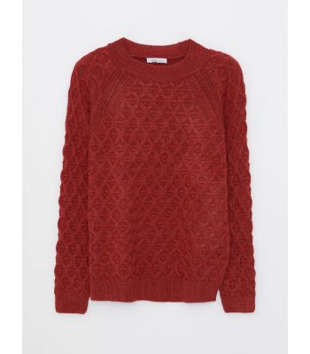 Crew Neck Self Patterned Long Sleeve Women's Tricot Sweater
