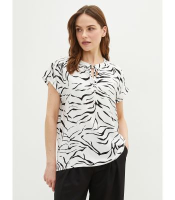 Tie Collar Patterned Short Sleeve Viscose Women's Blouse