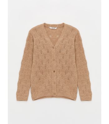 V Neck Self-Patterned Long Sleeve Girls Knitwear Cardigan