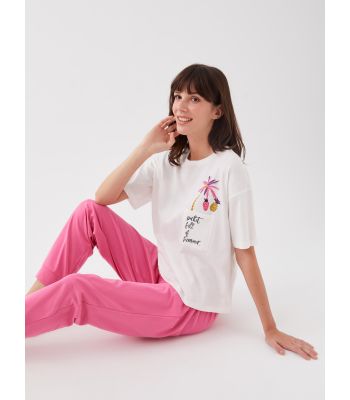 Crew Neck Printed Short Sleeve Women's Pajama Set