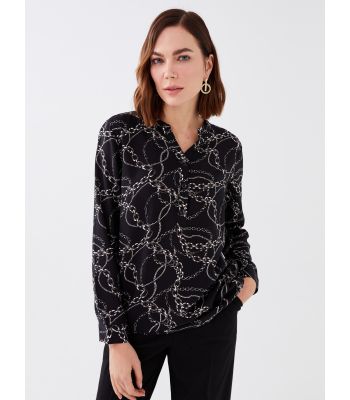 Henley Neckline Patterned Long Sleeve Women's Blouse