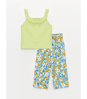 U-Neck Patterned Strap Girls' Blouse and Trousers