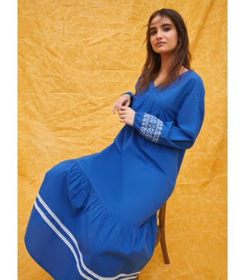 V Neck Patterned Long Sleeve Women's Dress