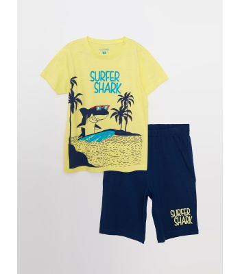 Crew Neck Printed Short Sleeve Boy's Short Pajamas Set