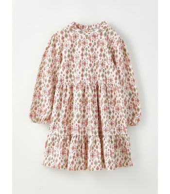 Crew Neck Patterned Long Sleeve Gabardine Girl Dress