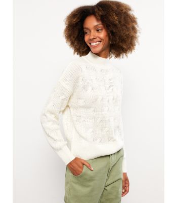 Turtle Neck Self Patterned Long Sleeve Women's Tricot Sweater