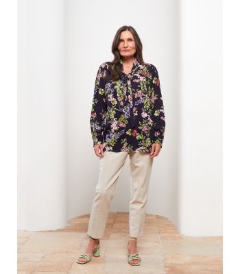 Tie Neck Patterned Long Sleeve Viscose Women's Blouse