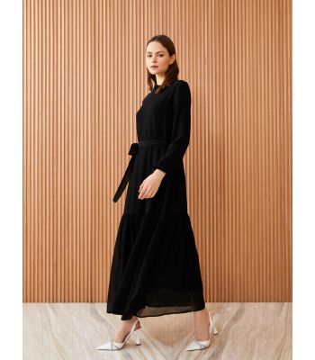 Ruffled Standing Collar Straight Long Sleeve Women's Dress