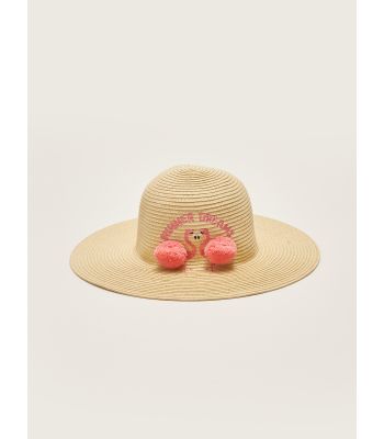 Girl's Straw Fedora Hat with Letter Embroidery Pompom