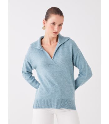 Polo Neck Plain Long-Sleeve Oversized Women's Knitwearwear Sweater