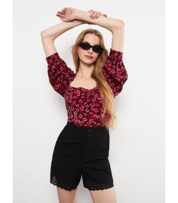 Square Neck Floral Viscose Women's Blouse