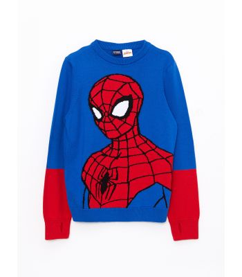 Crew Neck Spiderman Patterned Long Sleeve Boy Tricot Sweater