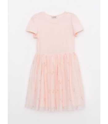 Crew Neck Patterned Short Sleeve Girl Dress