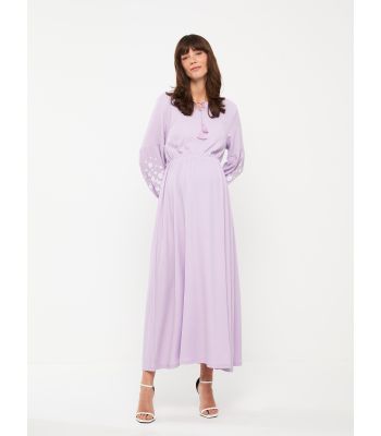 Tie Collar Plain Long Sleeve Crinkled Maternity Dress