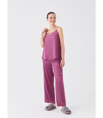 V-Neck Straight Strap Satin Women's Pajamas Set