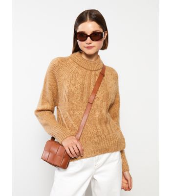 Turtle Neck Self Patterned Long Sleeve Women's Tricot Sweater