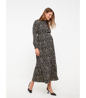 Standing Collar Patterned Long Sleeve Crinkled Maternity Dress