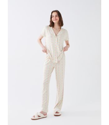 Shirt Collar Patterned Short Sleeve Women's Pajamas Set