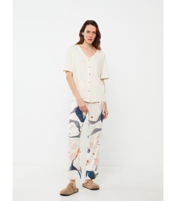 V Neck Patterned Short Sleeve Women's Pajamas Set