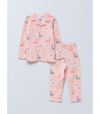 Polo Collar Long Sleeved Printed Cotton Baby Girl Pajamas Set