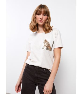 Crew Neck Sequins Embroidered Short Sleeve  Women's T-Shirt