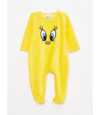 Crew Neck Tweety Embroidered Long Sleeve Velvet Baby Girl Jumpsuit