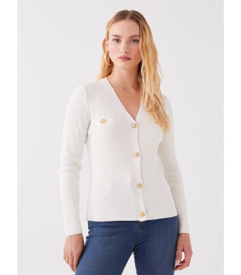 V Neck Regular Long Sleeve Women's Tricot Cardigan