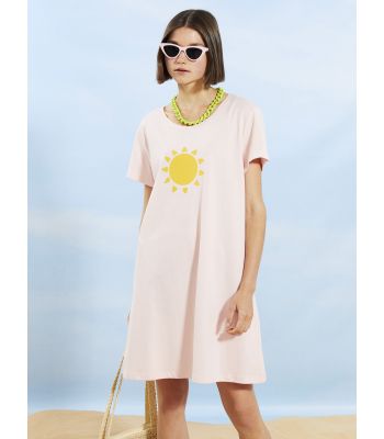 Crew Neck Printed Short Sleeve Cotton Women's Beach Dress