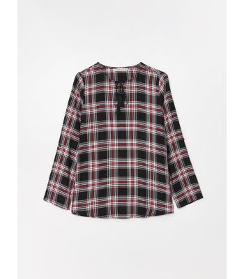 Tie Collar Plaid Long Sleeve Viscose Women's Blouse