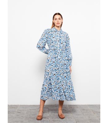 Shirt Neck Patterned Long Sleeve Viscose Women's Dress