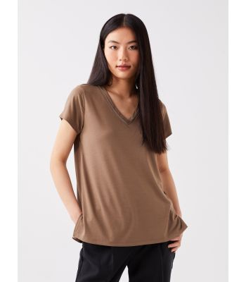 V Neck Straight Short Sleeve Women T-Shirt