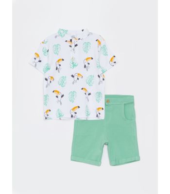 Big Collar Short Sleeve Printed Baby Boy T-Shirt and Shorts 2-Pack Set