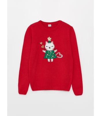 Crew Neck New Year Themed Long Sleeve Girl Tricot Sweater