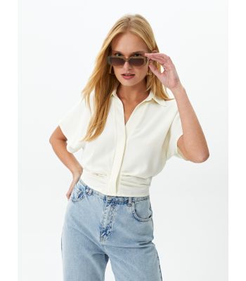 Shirt Collar Straight Short Sleeve Crop Women's Blouse