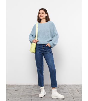 Crew Neck Self Patterned Long Sleeve Women's Tricot Sweater