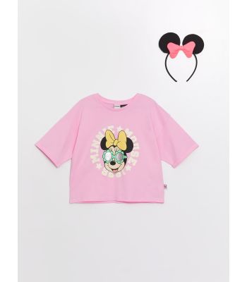 Crew Neck Minnie Mouse Printed Short Sleeve Girls' Crop T-Shirt and Crown