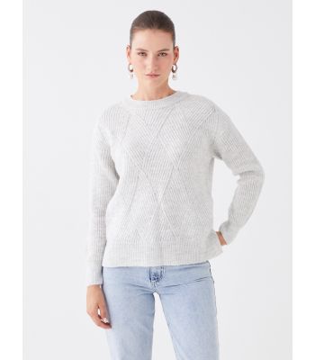 Crew Neck Self Patterned Long Sleeve Women's Tricot Sweater
