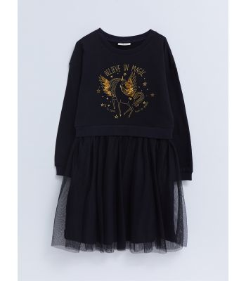 Crew Neck Printed Long Sleeve Girl Dress