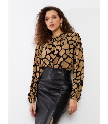 Ruched Collar Patterned Long Sleeve Women's Blouse