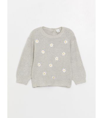 Crew Neck Long Sleeve Embroidery Detailed Baby Girl Sweater