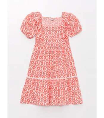 Square Neck Patterned Short Sleeve Girls' Dress