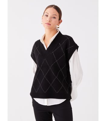 V-Neck Patterned Oversize Women Knitwear Sweater
