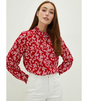 Ruffle Collar Floral Long Sleeve Viscose Women's Shirt