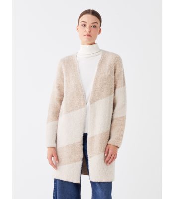 Shawl Neck Long Sleeve Women's Tricot Cardigan with Color Block